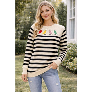 OXKNIT Bird Embroidered Sweater Womens L Cream Black Knit Pullover Novelty